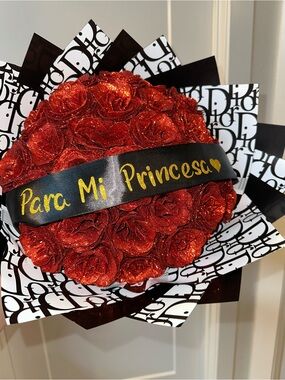 Dior Black & Red Glitter Rose Bouquet with 'Para Mi' Ribbon